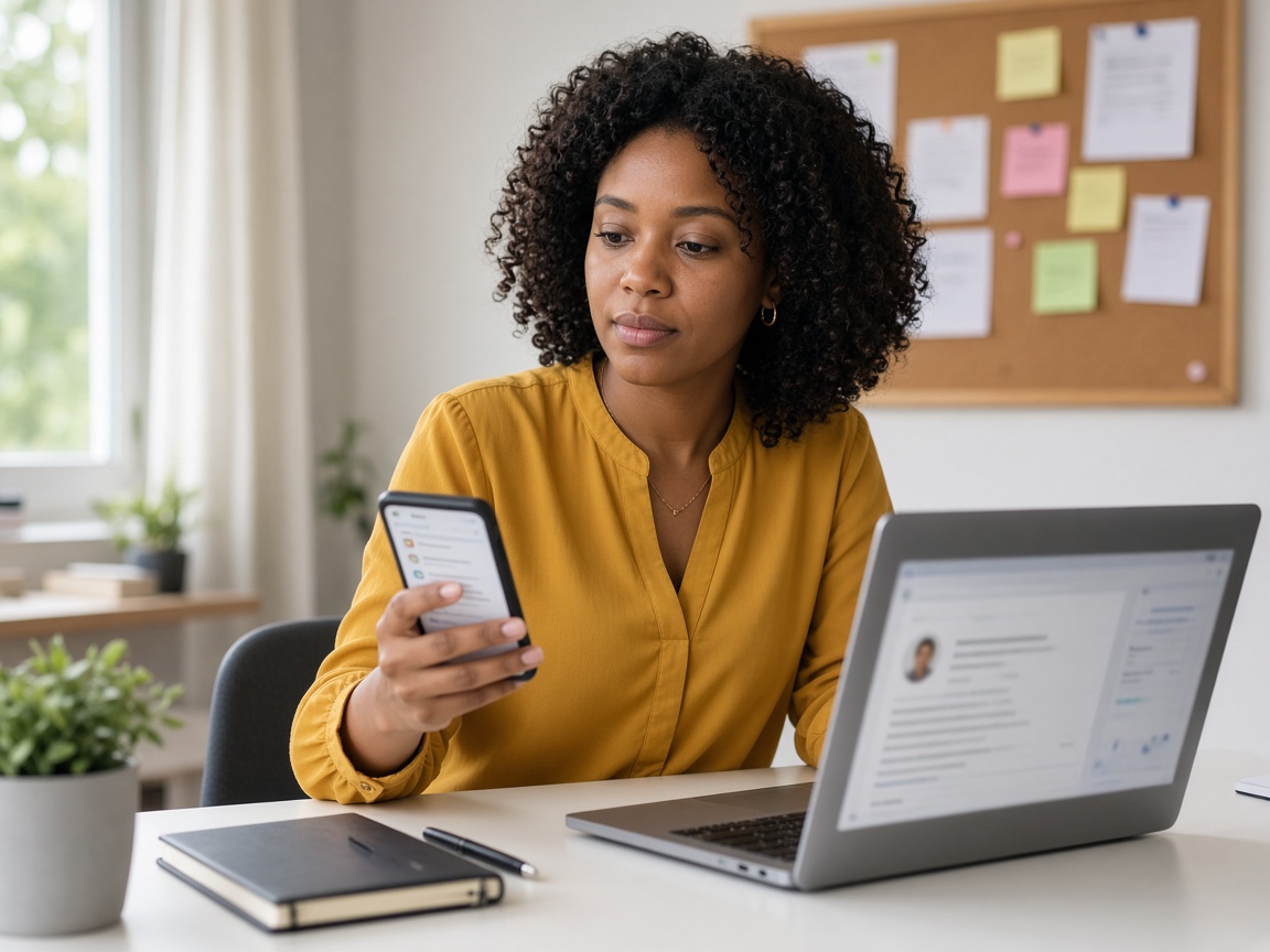 Dirigeante de PME tertiaire suivant sa présence en ligne
