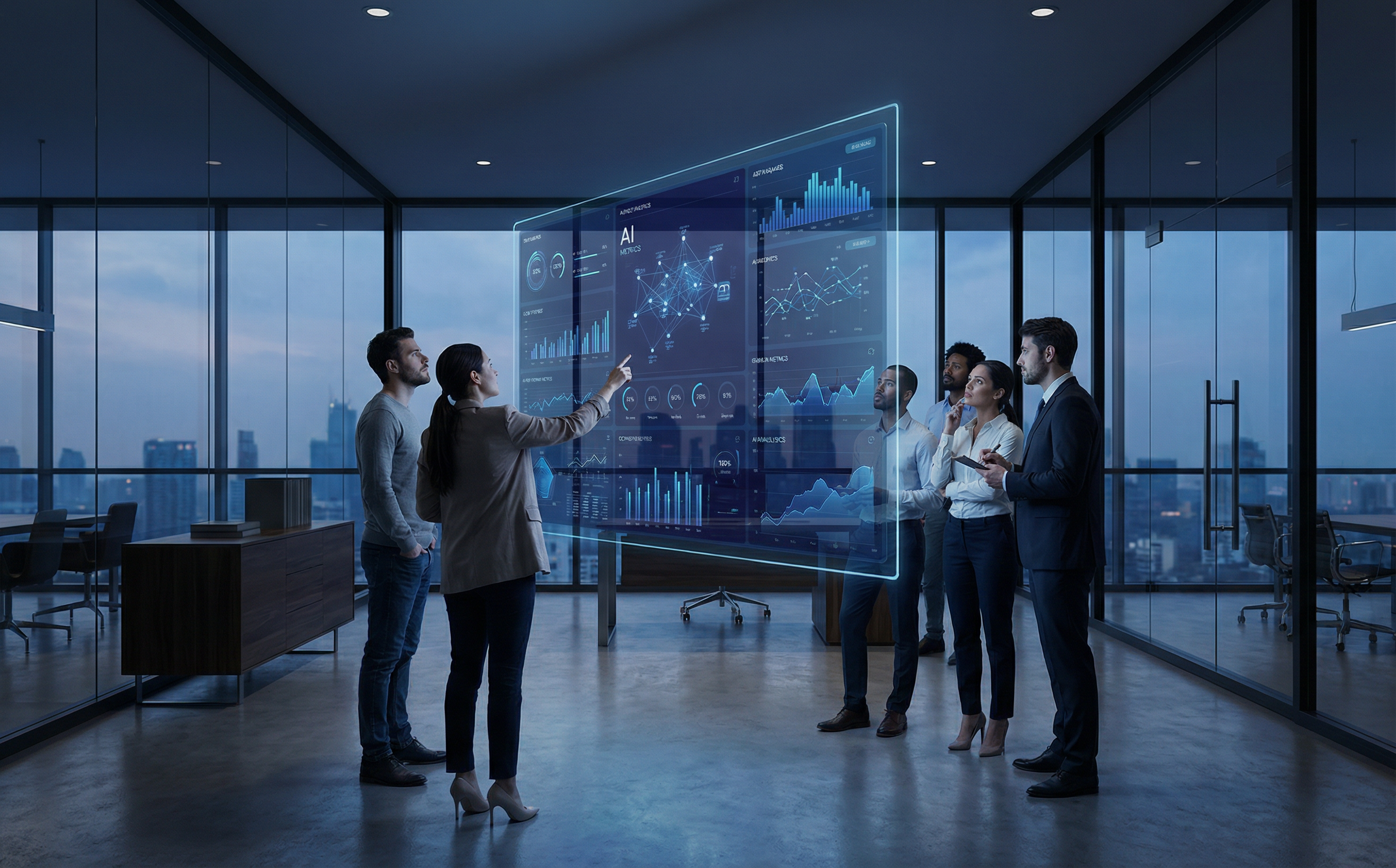 Intelligence Artificielle - Équipe analysant des données IA dans un bureau moderne